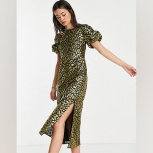 Topshop Animal Leopard Metallic Textured Midi Dress Size 6